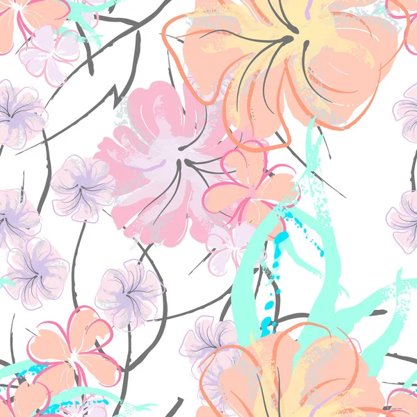 Rosa Blommor Blommande Mönster Pastell Akvarell Bloral Print Lilla Rosa — Stock vektor