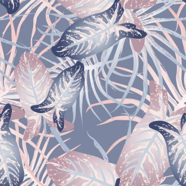 Tropik Yaprak Modern Motif. Orman baskısı. Yeşillik Yazı Kusursuz Düzen. Yeşillik Vektörü Arkaplanı. Sanatsal Botanik Yüzeyi. Moda için soyut bitki dokusu. Yumuşak Pastel Fırça Çizimi.