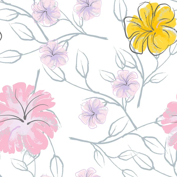 Roze Bloemen Bloeiende Patroon Pastel Aquarel Bloemenprint Little Pink Yellow — Stockvector