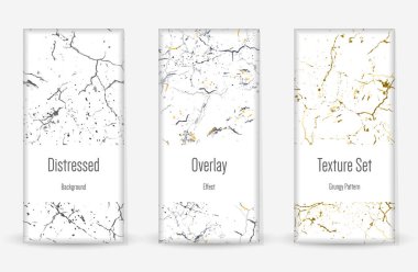 Kederli Grunge dokusu seti. Kusursuz desen. Çizilmiş, Dirt Print. Yarım tonluk Retro Arkaplan. Kırık, çatlak duvar dokusu. Altın, Siyah, Beyaz Grunge tarzı. Gürültü Kaba Tasarım. Vektör İllüstrasyonu.