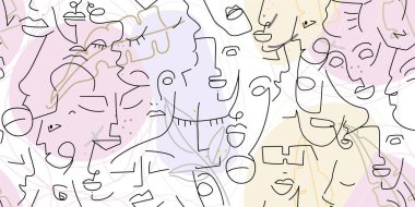 Bir çizgi. Soyut, pürüzsüz bir şekil. Vektör Modern Minimum Sanat. Grafikler arka planda. Devamlı çizgi çizimi. Doğrusal tasarım kadın ve erkek yüzleri. Güzel modern baskı..