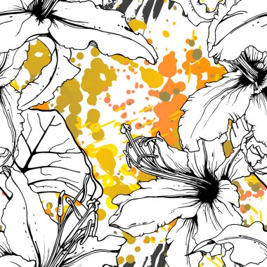 Çiçekli Siyah ve Beyaz Kusursuz Şablon. Modern Sanatsal Suluboya Baskısı. Moda Dış Hatları Çiçek Yüzeyi. Mürekkep lekeleri dokusunda Botanik Vektör Motifi. Soyut Yaprak Çizimi. Trend Tropik Arkaplanı.