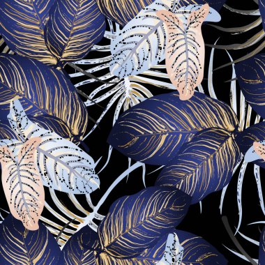 Tropik Yaprak. Modern Motif. Orman baskısı. Yeşillik Yazı Kusursuz Düzen. Yeşillik Vektörü Arkaplanı. Sanatsal Botanik Yüzey. Moda için soyut bitki dokusu. Koyu Fırça Çizimi.