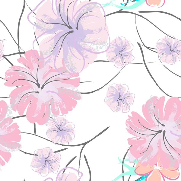 粉红花朵绽放模式 糊状水彩画印刷 小粉色 淡紫色花在灰色的叶子上 优雅的画笔背景 无缝制的植物载体表面 时装印花的质感 — 图库矢量图片