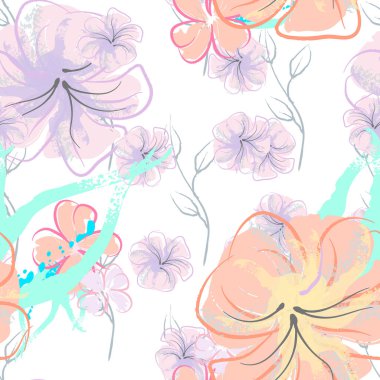 Pembe Çiçekler Çiçek Şablonu. Pastel Suluboya Çiçek Yazısı. Küçük pembe, sarı, gri yapraklı leylak çiçeği. Zarif fırça arka planı. Kusursuz Botanik Vektör Yüzeyi. Moda Yazıcıları İçin Desen.