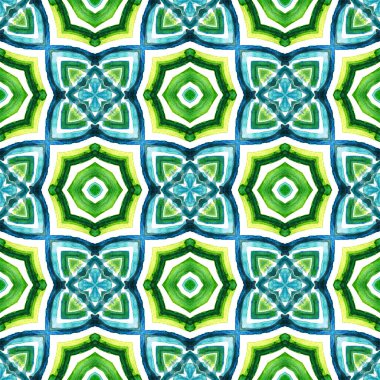 Geo Art. Endless Repeat Painting. Talavera, Azulejos, Spain, Islam, Arabic Ornament. Ethnic Texture. Native Rug. Blue, Green Ornament. Ornamental Element.