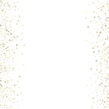 Altın Parıldayan Yıldızlar. Lüks Parlak Konfeti. Dağınık küçük bir parıltı. Parlak gümüş element. Rastgele sihirli minik ışık. Yıldızların beyaz arka planı. Yeni Yıl, Noel Vektörü illüstrasyonu.