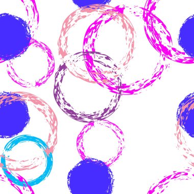 Black Brush Circle. Vector Seamless Pattern. Multicolor Illustration. White Abstract Background With Watercolor Fall Chaotic Shapes. Trend Soft Giftwrap. Chalk Brush Rounds, Confetti