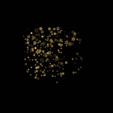 Düşen kar, altın deseni bozar. Uçan altın kar, don ve kar yağışlı bir resim. Kara geceyle ilgili Noel kutlaması için kış baskısı. Yeni Yıl için Tatil Vektörü illüstrasyonu.