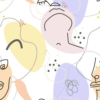 Yüz çizgisi deseni. Soyut çizim kusursuz desen. Vektör Modern Minimum Sanat. Grafikler arka planda. Sürekli bir çizgi çiziyor. Doğrusal tasarım kadın ve erkek yüzleri. Güzel modern baskı..