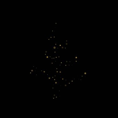 Düşen kar, altın deseni bozar. Uçan altın kar, don ve kar yağışlı bir resim. Kara geceyle ilgili Noel kutlaması için kış baskısı. Yeni Yıl için Tatil Vektörü illüstrasyonu.