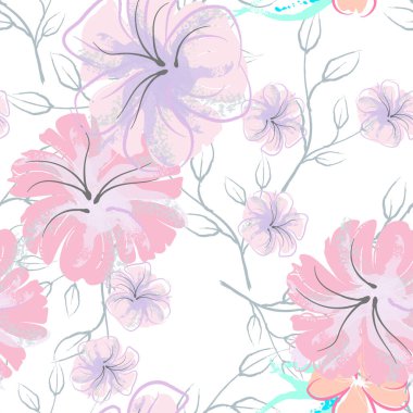 Pembe Çiçekler Çiçek Şablonu. Pastel Suluboya Çiçek Yazısı. Küçük pembe, sarı, gri yapraklı leylak çiçeği. Zarif fırça arka planı. Kusursuz Botanik Vektör Yüzeyi. Moda Yazıcıları İçin Desen.