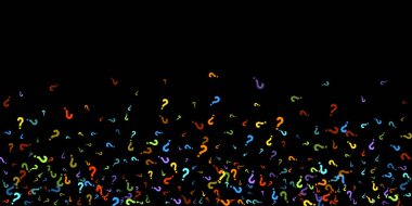 Soru işaretleri siyah arkaplana dağılmış. Sınav, şüphe, anket, araştırma, faq, sorgulama, sorgulama geçmişi. Kamuoyu yoklaması için çok renkli bir şablon. Gökkuşağı rengi. Vektör illüstrasyonu.