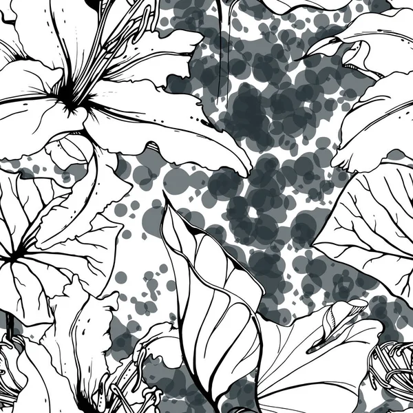 花の黒と白のシームレスなパターン 現代の芸術的な水彩プリント ファッション概要花表面 インクのボタニックベクターモチーフが質感を維持します 抽象的な葉を描く トレンド トロピック背景 — ストックベクタ