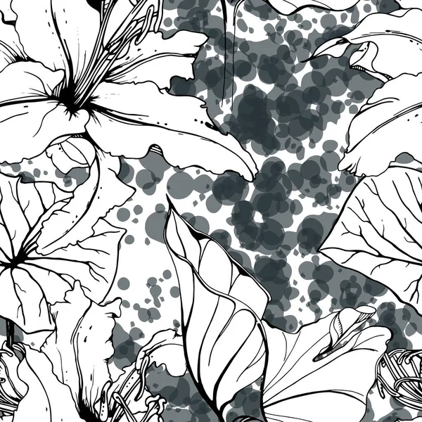 Floral Preto Branco Sem Costura Padrão Impressão Aquarela Artística Moderna — Vetor de Stock