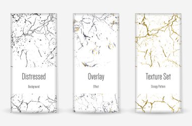 Kederli Grunge dokusu seti. Kusursuz desen. Çizilmiş, Dirt Print. Yarım tonluk Retro Arkaplan. Kırık, çatlak duvar dokusu. Altın, Siyah, Beyaz Grunge tarzı. Gürültü Kaba Tasarım. Vektör İllüstrasyonu.