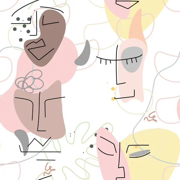 顔の線のパターン 抽象的なシームレスなパターンを描く ベクトル モダンのミニマルアート グラフィックス輪郭の背景 連続1線画 線形デザインの女性と男性の顔 Print — ストックベクタ