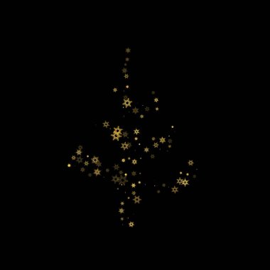 Düşen kar, altın deseni bozar. Uçan altın kar, don ve kar yağışlı bir resim. Kara geceyle ilgili Noel kutlaması için kış baskısı. Yeni Yıl için Tatil Vektörü illüstrasyonu.