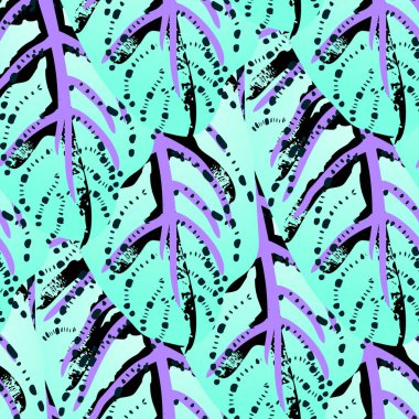 Tropik Yaprak. Modern Motif. Orman baskısı. Yeşillik Yazı Kusursuz Düzen. Yeşillik Vektörü Arkaplanı. Sanatsal Botanik Yüzey. Moda için soyut bitki dokusu. Karşıtlık Fırçası Çizimi.
