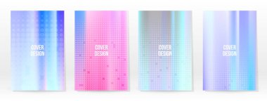 Holografik Poster seti. Iridescent Teknoloji Kapağı. Mobil Grafik Şablonu. Vektör Posteri. Gradyan örgü. Fütürist Sanal Şablon Tasarımı. Modern Soyut Arkaplan 90 'lar, 80' ler Retro Biçimi.