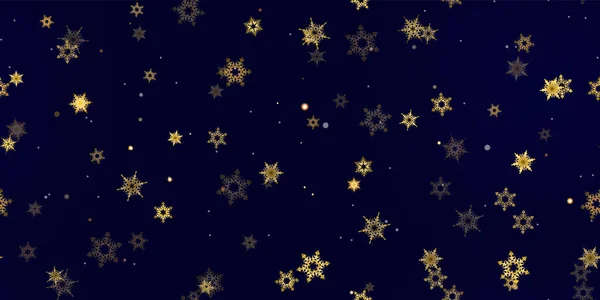 金の落下雪はシームレスパターンをフレーク 雪を飛んでイラスト 青い夜の背景にクリスマスのお祝いのための冬のシームレスなプリント ホリデーベクトルイラスト新年 — ストックベクタ
