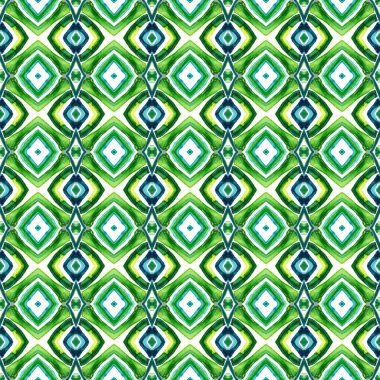 Geleneksel Grafik El Boyalı. Talavera, Tunus, Türk, Arap Kusursuz Şablon. Sembol Geometrik. Geleneksel Halk Çamaşırları. Mavi, Yeşil Sanat. Çizgili Doku.