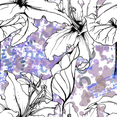 Çiçekli Siyah ve Beyaz Kusursuz Şablon. Modern Sanatsal Suluboya Baskısı. Moda Dış Hatları Çiçek Yüzeyi. Mürekkep lekeleri dokusunda Botanik Vektör Motifi. Soyut Yaprak Çizimi. Trend Tropik Arkaplanı.