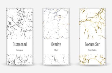 Kederli Grunge dokusu seti. Kusursuz desen. Çizilmiş, Dirt Print. Yarım tonluk Retro Arkaplan. Kırık, çatlak duvar dokusu. Altın, Siyah, Beyaz Grunge tarzı. Gürültü Kaba Tasarım. Vektör İllüstrasyonu.
