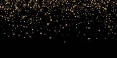 Düşen kar, altın deseni bozar. Uçan altın kar, don ve kar yağışlı bir resim. Kara geceyle ilgili Noel kutlaması için kış baskısı. Yeni Yıl için Tatil Vektörü illüstrasyonu.