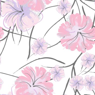 Pembe Çiçekler Çiçek Şablonu. Pastel Suluboya Çiçek Yazısı. Küçük pembe, sarı, gri yapraklı leylak çiçeği. Zarif fırça arka planı. Kusursuz Botanik Vektör Yüzeyi. Moda Yazıcıları İçin Desen.