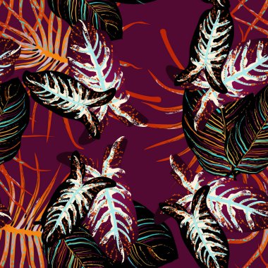 Tropik Yaprak. Modern Motif. Orman baskısı. Yeşillik Yazı Kusursuz Düzen. Yeşillik Vektörü Arkaplanı. Sanatsal Botanik Yüzey. Moda için soyut bitki dokusu. Karşıtlık Fırçası Çizimi.