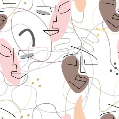 Kadın yüzü hattı. Soyut çizim kusursuz desen. Vektör Modern Minimum Sanat. Grafikler arka planda. Sürekli bir çizgi çiziyor. Doğrusal tasarım kadın ve erkek yüzleri. Güzel modern baskı..