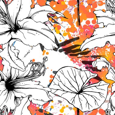 Çiçekli Siyah ve Beyaz Kusursuz Şablon. Modern Sanatsal Suluboya Baskısı. Moda Dış Hatları Çiçek Yüzeyi. Mürekkep lekeleri dokusunda Botanik Vektör Motifi. Soyut Yaprak Çizimi. Trend Tropik Arkaplanı.