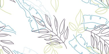 Tropik Yaprak. Modern Motif. Pastel Bir Çizgi Çizimi. Orman baskısı. Yeşillik Yazı Kusursuz Düzen. Yeşillik Vektörü Arkaplanı. Sanatsal Botanik Yüzey. Moda için soyut bitki dokusu