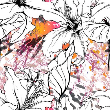 Çiçekli Siyah ve Beyaz Kusursuz Şablon. Modern Sanatsal Suluboya Baskısı. Moda Dış Hatları Çiçek Yüzeyi. Mürekkep lekeleri dokusunda Botanik Vektör Motifi. Soyut Yaprak Çizimi. Trend Tropik Arkaplanı.