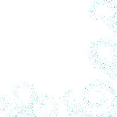 Mavi, turkuaz, pırıltılı yıldızlar, parlak konfeti. Dağınık, küçük parlak elementler. Beyaz arka plana rastgele yıldız düşüyor. Yılbaşı arkaplanı. Vektör illüstrasyonu.