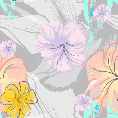 Pembe Çiçekler Çiçek Şablonu. Pastel Suluboya Çiçek Yazısı. Küçük pembe, sarı, gri yapraklı leylak çiçeği. Zarif fırça arka planı. Kusursuz Botanik Vektör Yüzeyi. Moda Yazıcıları İçin Desen.