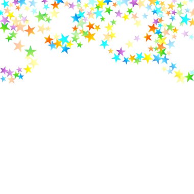 Gökkuşağı Festivali Konfeti. Karnaval Şablonu. Renkli Yıldız Düşüşü. Güzel Tatil Partisi. Beyaz Arkaplanda Küçük Çok Renkli Sprockets. Parlak Vektör İllüstrasyonu.