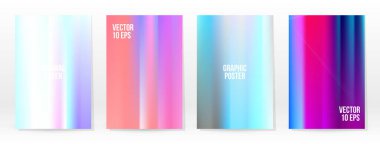 Holografik Poster seti. Iridescent Teknoloji Kapağı. Mobil Grafik Şablonu. Vektör Posteri. Gradyan örgü. Fütürist Sanal Şablon Tasarımı. Modern Soyut Arkaplan 90 'lar, 80' ler Retro Biçimi.