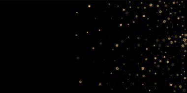 Düşen kar, altın deseni bozar. Uçan altın kar, don ve kar yağışlı bir resim. Kara geceyle ilgili Noel kutlaması için kış baskısı. Yeni Yıl için Tatil Vektörü illüstrasyonu.