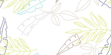 Tropik Yaprak. Modern Motif. Pastel Bir Çizgi Çizimi. Orman baskısı. Yeşillik Yazı Kusursuz Düzen. Yeşillik Vektörü Arkaplanı. Sanatsal Botanik Yüzey. Moda için soyut bitki dokusu