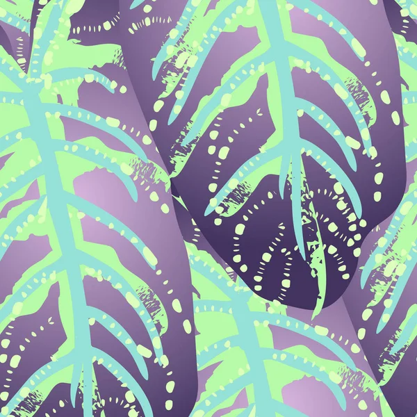 熱帯の葉 現代的なモチーフ ジャングルプリント 葉の夏シームレスパターン 緑のベクトル背景の傾向 芸術植物表面 概要ファッションのための植物テクスチャ コントラストブラシ描画 — ストックベクタ
