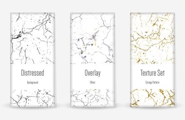 Kederli Grunge dokusu seti. Kusursuz desen. Çizilmiş, Dirt Print. Yarım tonluk Retro Arkaplan. Kırık, çatlak duvar dokusu. Altın, Siyah, Beyaz Grunge tarzı. Gürültü Kaba Tasarım. Vektör İllüstrasyonu.