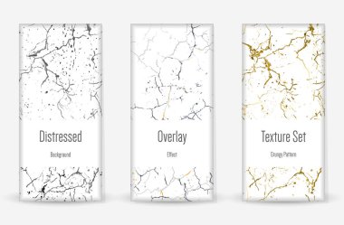 Kederli Grunge dokusu seti. Kusursuz desen. Çizilmiş, Dirt Print. Yarım tonluk Retro Arkaplan. Kırık, çatlak duvar dokusu. Altın, Siyah, Beyaz Grunge tarzı. Gürültü Kaba Tasarım. Vektör İllüstrasyonu.