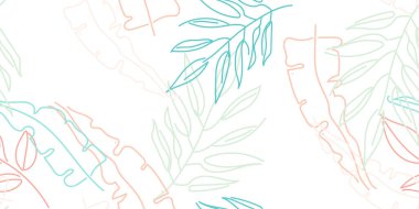Tropik Yaprak. Modern Motif. Pastel Bir Çizgi Çizimi. Orman baskısı. Yeşillik Yazı Kusursuz Düzen. Yeşillik Vektörü Arkaplanı. Sanatsal Botanik Yüzey. Moda için soyut bitki dokusu