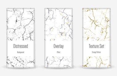 Kederli Grunge dokusu seti. Kusursuz desen. Çizilmiş, Dirt Print. Yarım tonluk Retro Arkaplan. Kırık, çatlak duvar dokusu. Altın, Siyah, Beyaz Grunge tarzı. Gürültü Kaba Tasarım. Vektör İllüstrasyonu.
