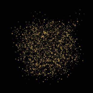 Düşen kar, altın deseni bozar. Uçan altın kar, don ve kar yağışlı bir resim. Kara geceyle ilgili Noel kutlaması için kış baskısı. Yeni Yıl için Tatil Vektörü illüstrasyonu.