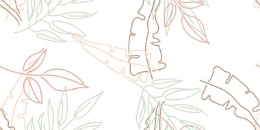 Tropik Yaprak. Modern Motif. Pastel Bir Çizgi Çizimi. Orman baskısı. Yeşillik Yazı Kusursuz Düzen. Yeşillik Vektörü Arkaplanı. Sanatsal Botanik Yüzey. Moda için soyut bitki dokusu