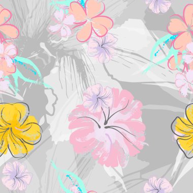 Pembe Çiçekler Çiçek Şablonu. Pastel Suluboya Çiçek Yazısı. Küçük pembe, sarı, gri yapraklı leylak çiçeği. Zarif fırça arka planı. Kusursuz Botanik Vektör Yüzeyi. Moda Yazıcıları İçin Desen.