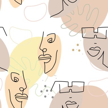 Yüz çizgisi deseni. Soyut çizim kusursuz desen. Vektör Modern Minimum Sanat. Grafikler arka planda. Sürekli bir çizgi çiziyor. Doğrusal tasarım kadın ve erkek yüzleri. Güzel modern baskı..